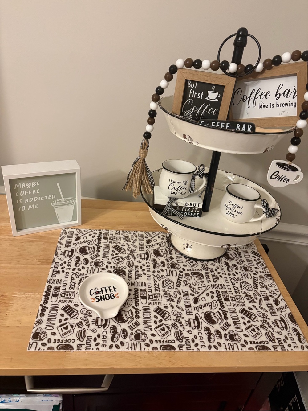 Neutral Coffee Bar Two-Tier Serving Stand with Matching Mugs - White and Black